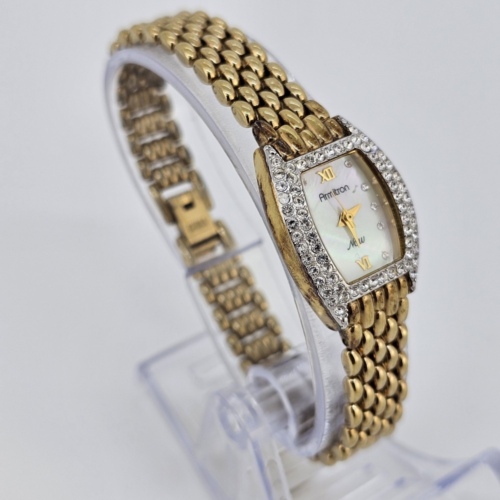 Armitron Women's Watch 19MM MOP Dial Crystal Bezel Gold Bracelet 6" New Battery - Picture 4 of 12